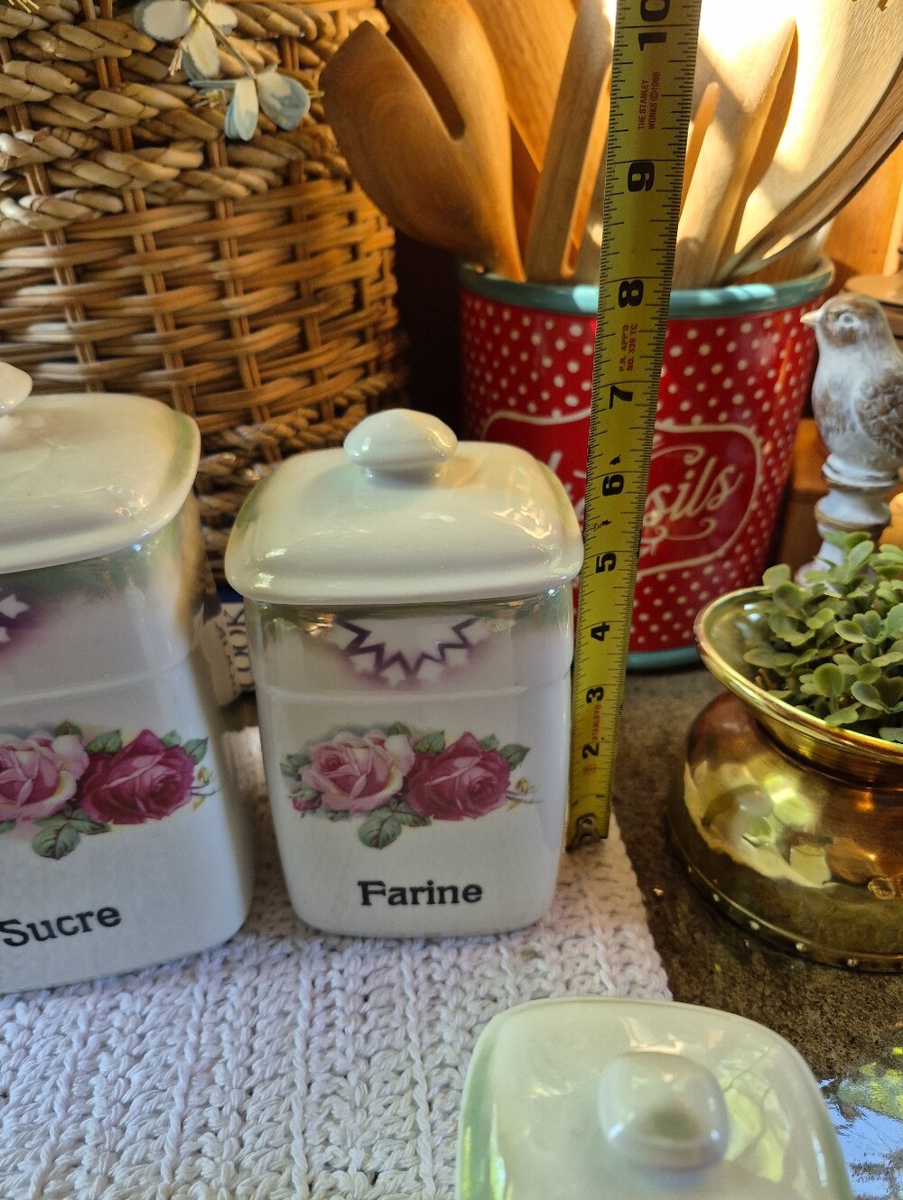 4pc Vtg French Ceramic Pink Rose French Sucre, Farine, Épices, Poivre Canisters - Picture 8 of 12